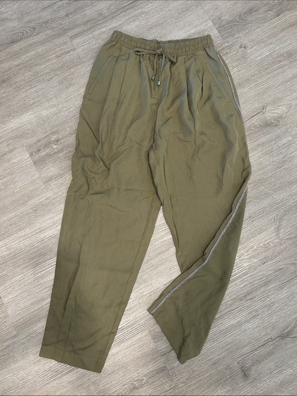 Zara Olive Drawstring Track Pants with Side Stripe